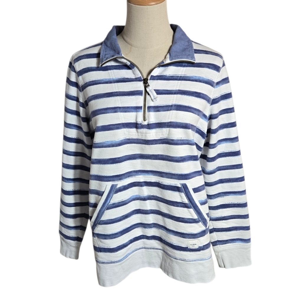 L.L. Bean Blue and White Nautical Quarter Zip Sweatshirt Top